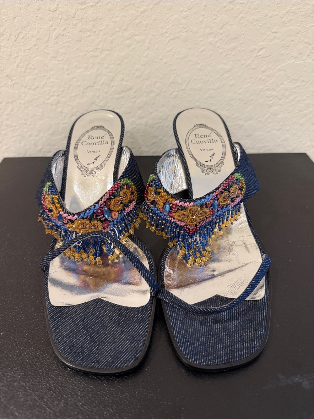 Rene Caovilla NEVER WORN Denim Slide Mules with Multicolor Bead Fringe